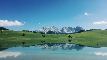 Green rolling hills and majestic snow-capped mountains reflected in a clear lake landscape nature
