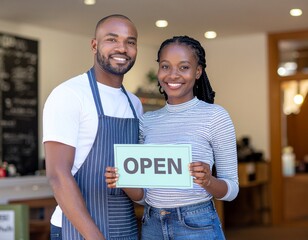 Happy African American couple proudly holding an "Open" sign, announcing their new business.