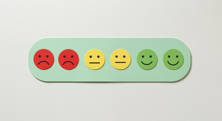 Customer feedback rating scale with emoji faces green background. Satisfaction evaluation system colorful expressions from negative to positive. Service quality assessment concept banner