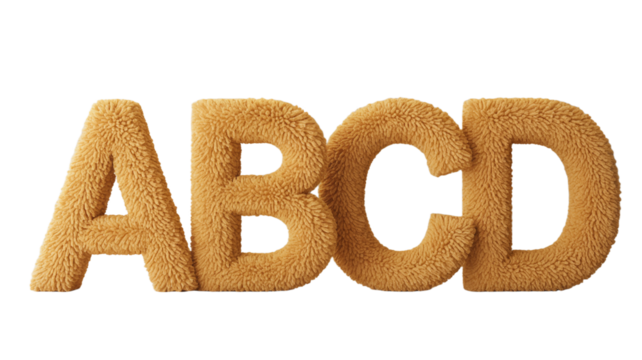 Fluffy tan letters a b c d for educational purposes on transparent background