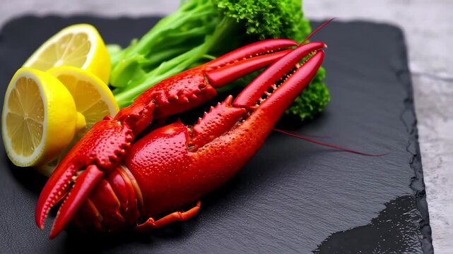 Red Crayfish with Lemon and Greens on Dark Plate