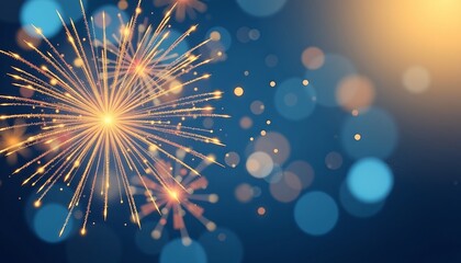 Fototapeta premium A vibrant display of golden fireworks illuminating a dark blue sky with bokeh lights. A scene that evokes a sense of celebration and excitement