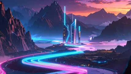 Futuristic City Nestled in Mountainous Landscape with Neon Trails - Powered by Adobe