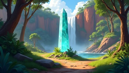A tall, blue crystal stands amidst a lush forest setting, surrounded by verdant trees. In the background, a waterfall cascades into a serene pool.