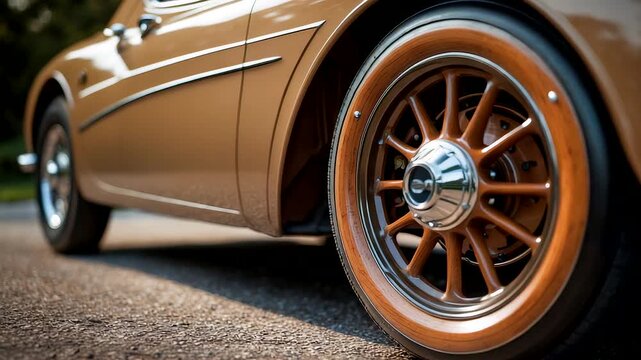 Classic vintage car parked on road with detailed bronze wheel rim and polished body showcasing retro automotive style and elegance