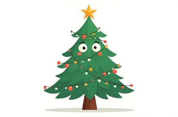 Fototapeta premium Cheerful cartoon Christmas tree character with a big smile, adorned with colorful ornaments and a star on top, spreading holiday joy and festive spirit in a whimsical design