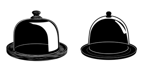 This modern setup features a glass dome that is circular and accompanied by a wooden tray, ideal for storing food or showcasing products with a reflective surface against a plain white backdrop