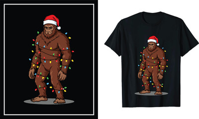 Bigfoot with Santa Hat Christmas Lights T-Shirt Design – Funny Holiday Sasquatch Graphic