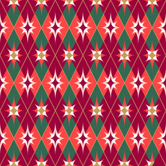 Christmas seamless check pattern with golden diagonal lines, stars and dots. Elegant geometric background of festive carnival rhombus ornament. Fabric textile print. Surface cover wrapper design.