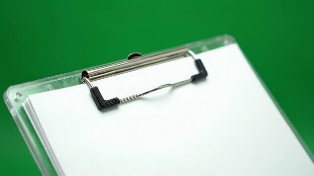Clear clipboard with blank white paper against a green screen background, ready for notes or data entry