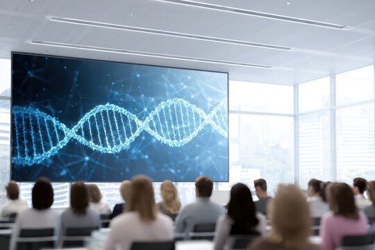 Audience watching a large screen displaying a digital DNA helix visualization in a modern conference room, emphasizing scientific research and innovation in biotechnology - Powered by Adobe