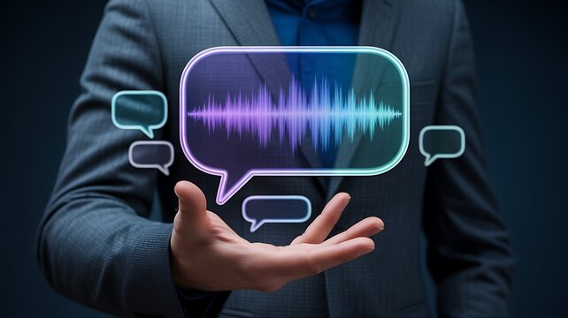 Man holding holographic speech bubble with sound wave hand palm - Powered by Adobe