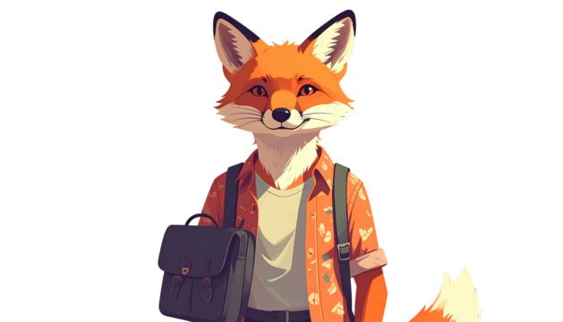 Fox character with backpack and briefcase ready for school.