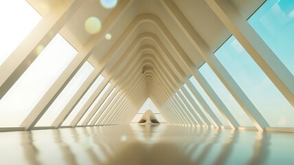Modern architectural interior with a triangular ceiling and reflective floor leading to a seating area