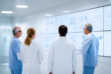 Group of medical professionals in scrubs observing data analytics on large screens in a modern healthcare facility, showcasing teamwork and advanced technology in patient care