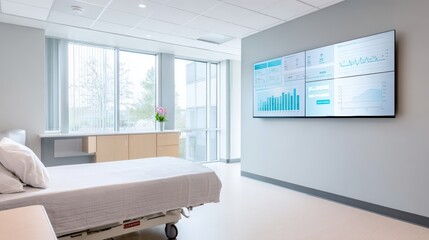 Modern hospital room featuring a patient bed, large windows allowing natural light, and a digital display showcasing health data and analytics for patient monitoring and care