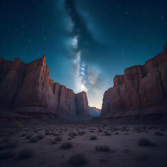 Obraz premium Breathtaking view of desolate landscape featuring towering rock formations under starry night sky. Milky Way galaxy shines brightly, creating serene and otherworldly atmosphere