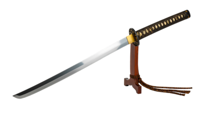 Japanese Katana Sword on Display with Wooden Stand.