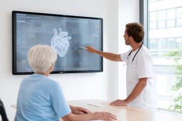 Male healthcare professional explaining heart anatomy on digital screen to elderly female patient in modern medical office, showcasing patient education and technology integration