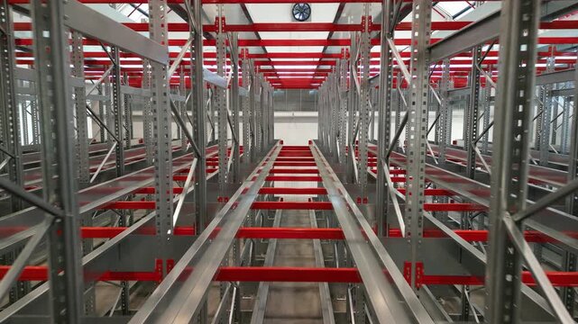 vista interna di hangar per deposito al porto, logistica, scaffali, merce