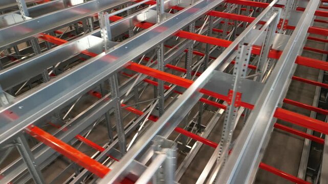 vista interna di hangar per deposito al porto, logistica, scaffali, merce