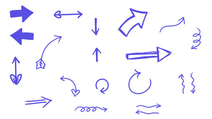 Hand-Drawn Arrows Set: Blue Doodle Arrows, Directional Signs, Navigation Elements, Graphic Resources, Sketchy Style, Vector Collection, On transparent Background
