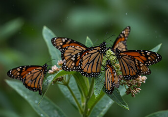 Naklejka premium A cluster of vibrant monarch butterflies resting on a green flowering plant, wings spread.