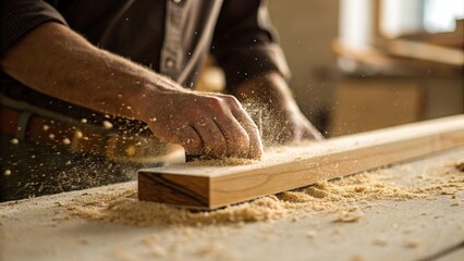 Gig Economy Artisan Freelancer Job, Craftsman smoothing wood with sawdust flying in a workshop.