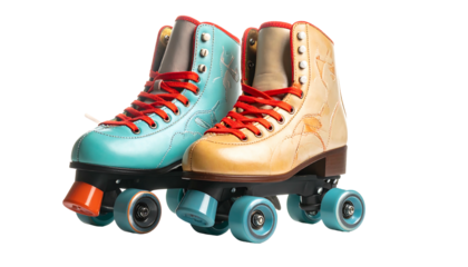 Pair of Retro Roller Skates Teal and Gold.