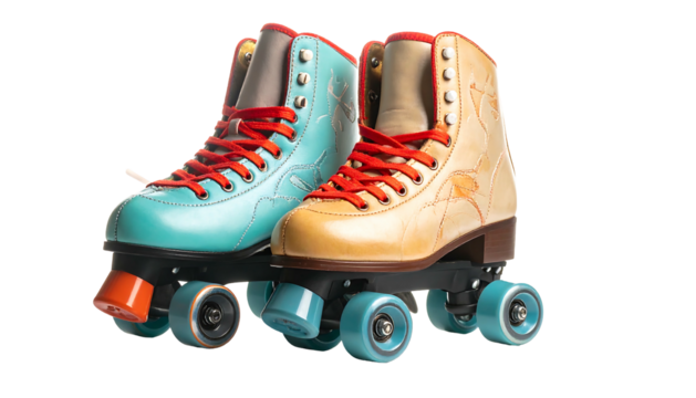 Pair of Retro Roller Skates Teal and Gold.