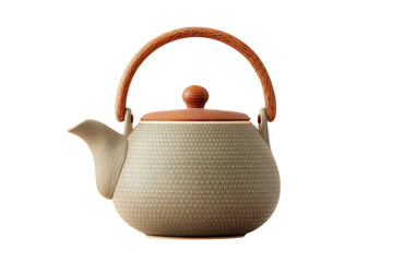 Elegant ceramic teapot with woven handle and intricate pattern design, cut out