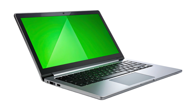 Silver Laptop with Green Screen Display.
