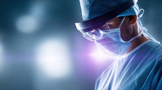 Male healthcare professional wearing surgical mask and augmented reality headset, focused on advanced technology in a clinical environment, showcasing innovation in medical practice - Powered by Adobe