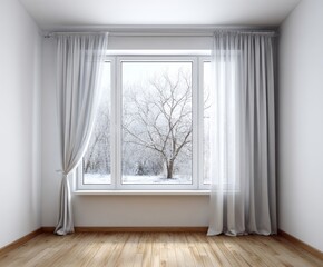 Fototapeta premium A serene winter scene graces a simple room, featuring a window draped with sheer curtains, overlooking snow-covered trees.