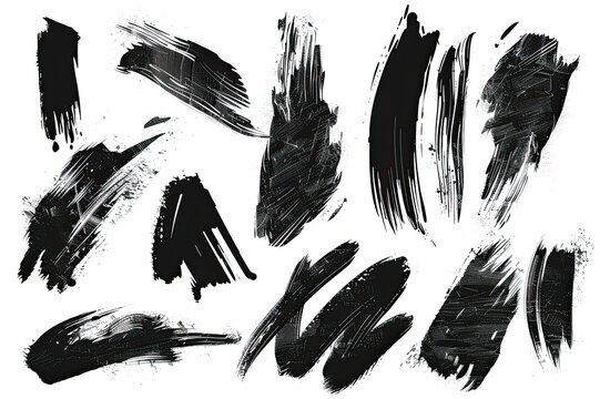 Collection of various black paintbrush strokes on white background, showcasing texture and differing lengths and widths