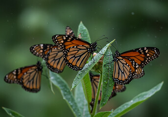 Fototapeta premium Several Monarch butterflies perched on green leaves, showcasing vibrant orange and black wing patterns.