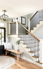 Modern Farmhouse Entryway with Elegant Staircase