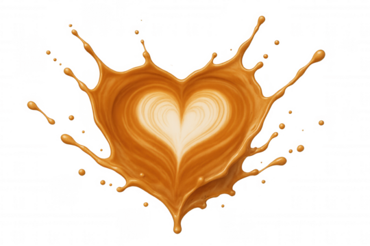 Splashing coffee heart revealing intricate latte art pattern, floating against transparent backdrop - Powered by Adobe