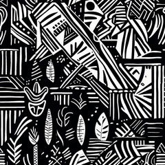 A monochrome African mud cloth tribal inspired vector pattern featuring geometric shapes and leaf motifs. 