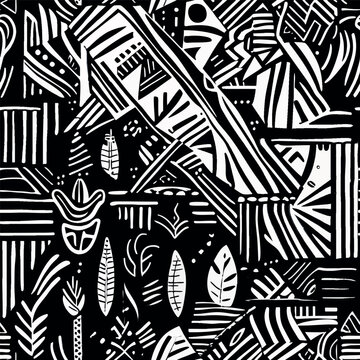 A monochrome African mud cloth tribal inspired vector pattern featuring geometric shapes and leaf motifs. 