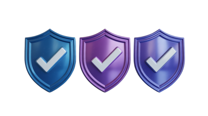 Three shields with check marks represent security and protection assurance online on transparent background
