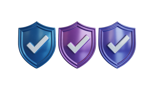 Three shields with check marks represent security and protection assurance online on transparent background