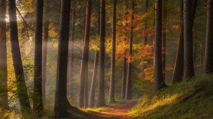 Fototapeta premium Sunbeams Illuminating a Forest Path Lined with Autumn Trees woods trail
