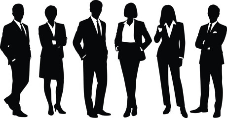 Silhouettes of diverse business professionals standing in formal attire, corporate team concept, confident office workers, modern workplace diversity and teamwork