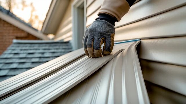 Worker installing beige vinyl siding panels on residential house exterior wall with protective gloves during home renovation construction project