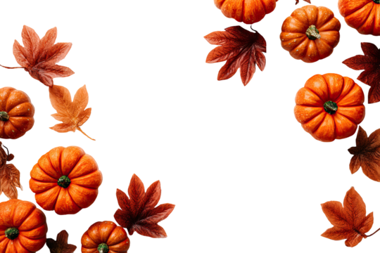 Autumnal pumpkins and leaves on a transparent background