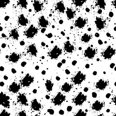 Abstract monochrome pattern featuring a repeating motif of irregularly shaped black ink splatters on a white background, creating a dynamic and textured design
