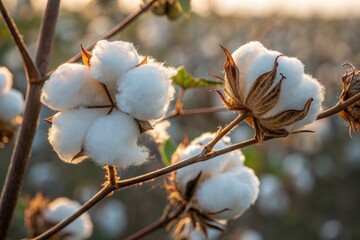 Close-up of cotton tree branch with fluffy white cotton bolls opening under the sunlight,