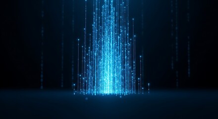 A mesmerizing digital cascade of glowing blue particles erupts from a dark surface, creating an ethereal and futuristic visual effect.