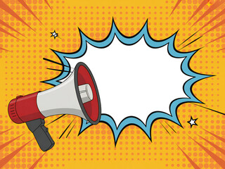 Pop art style megaphone with comic speech bubble on yellow background representing announcement, promotion, marketing, communication, advertisement, and message